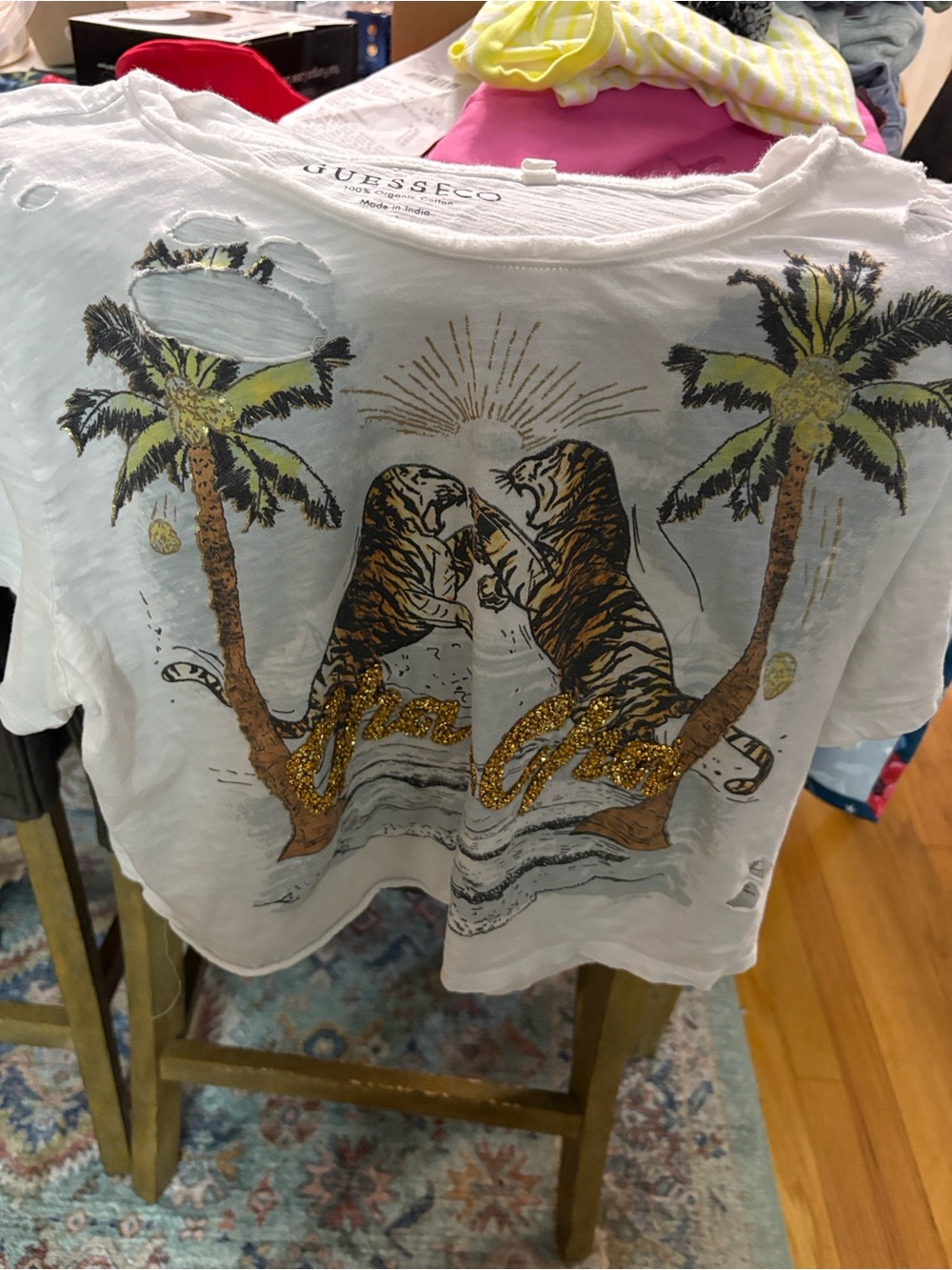 Guess White Short Sleeve Tee with Gold Glitter Tiger Motif
